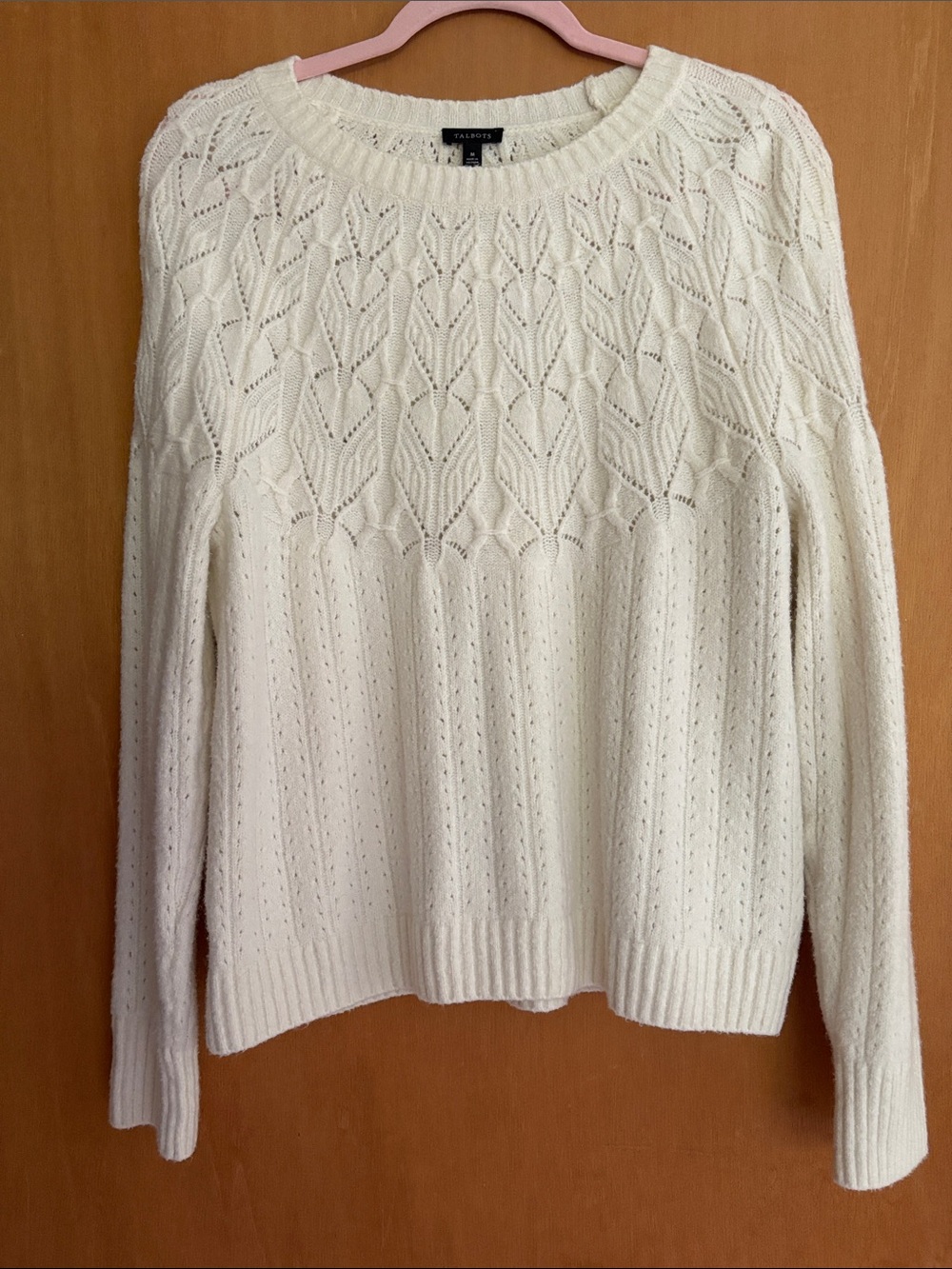 Talbots Cream Cable-Pointelle Crewneck Sweater